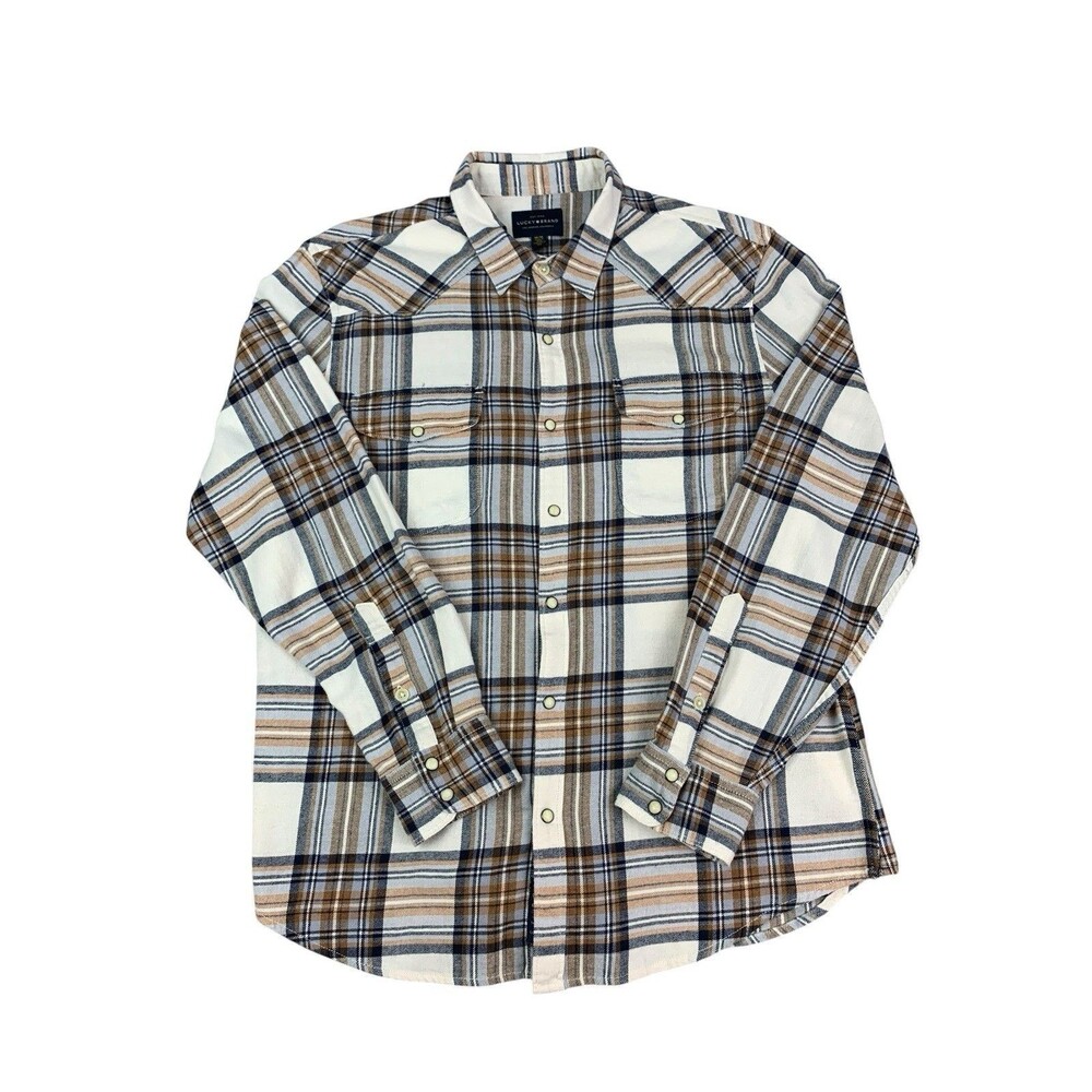 Lucky Brand Men's Long Sleeve Western Pearl Snap Shirt Brown Beige Plaid MEDIUM